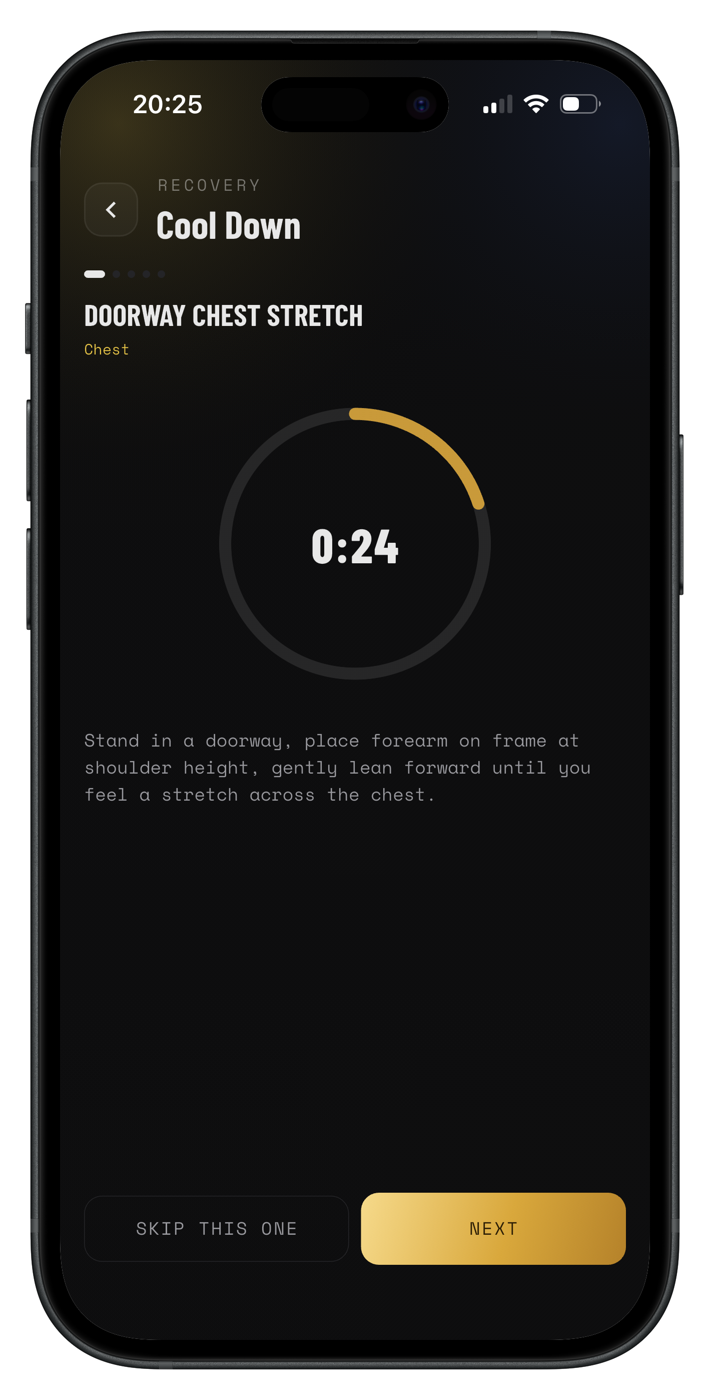 IronLog cool-down stretch screen with a timed hold and skip/next controls