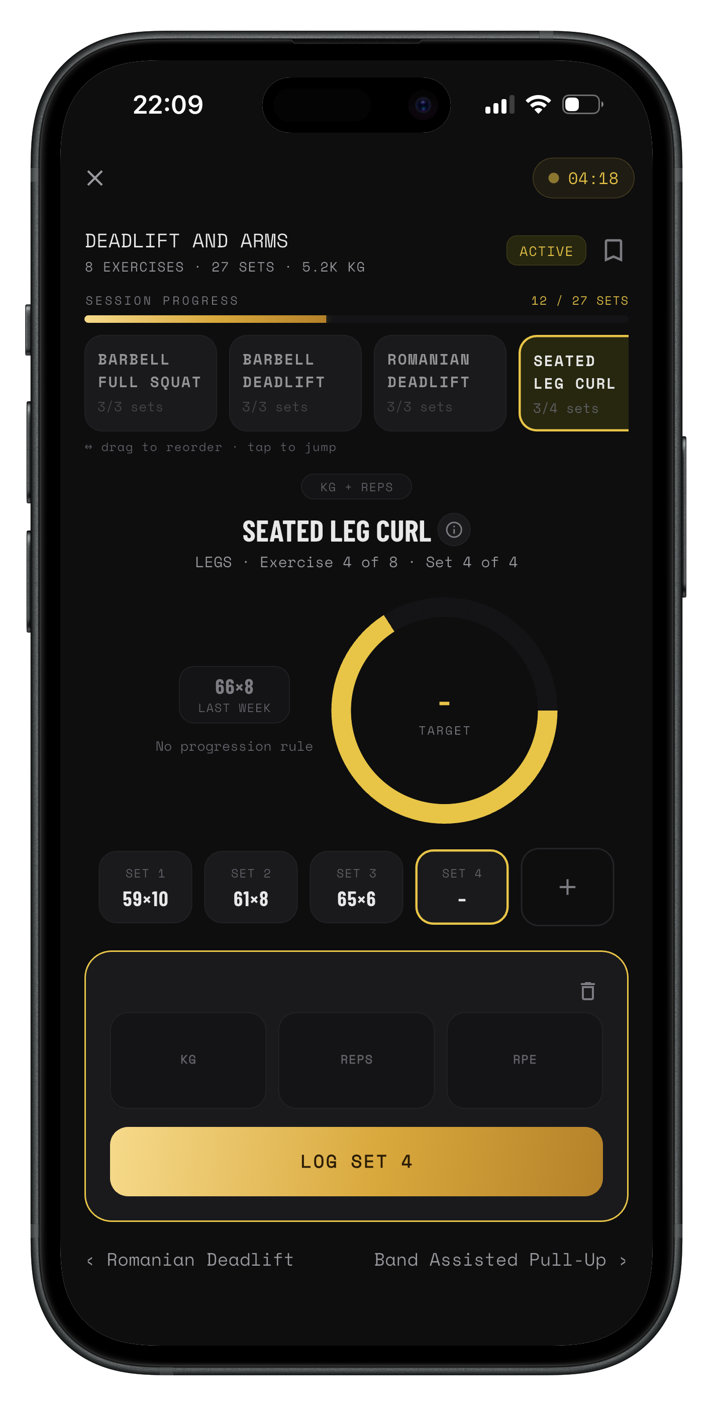 IronLog active workout session showing exercises and set progress