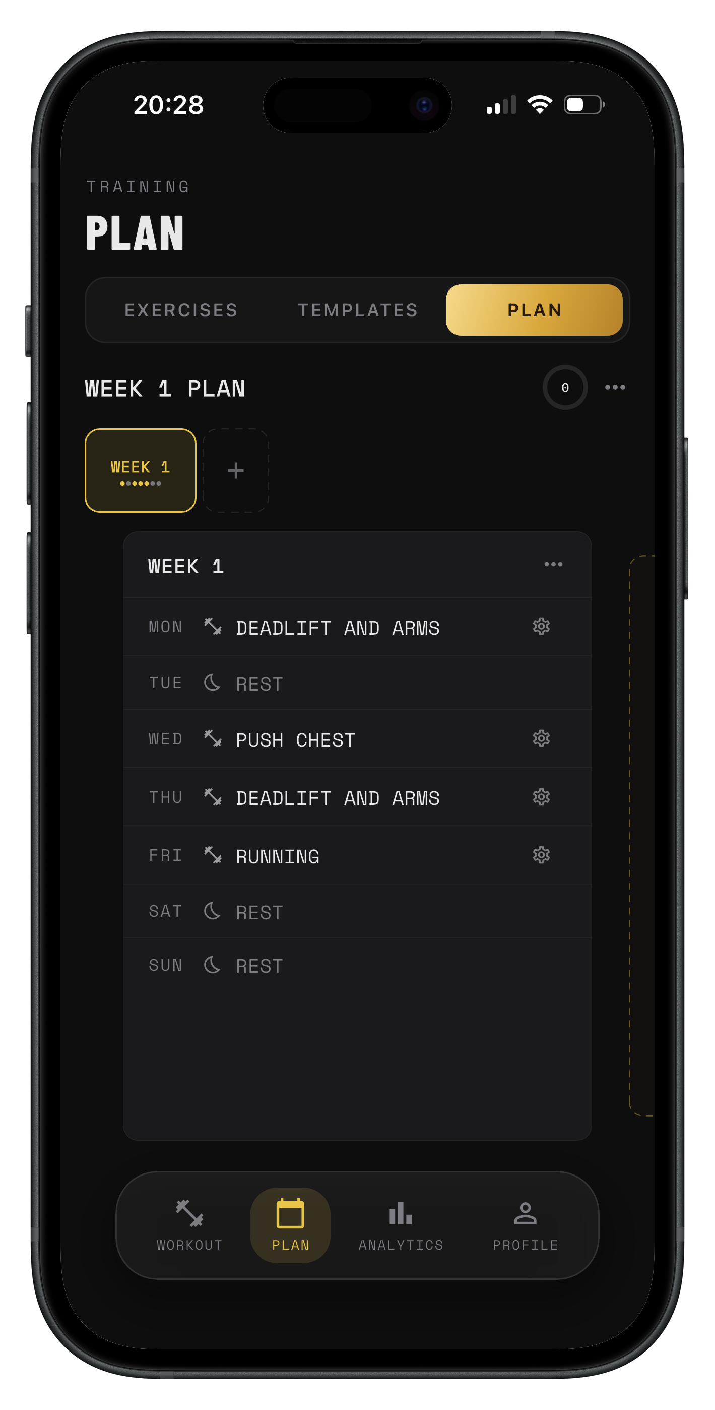 IronLog training plan screen showing weekly schedule and progress