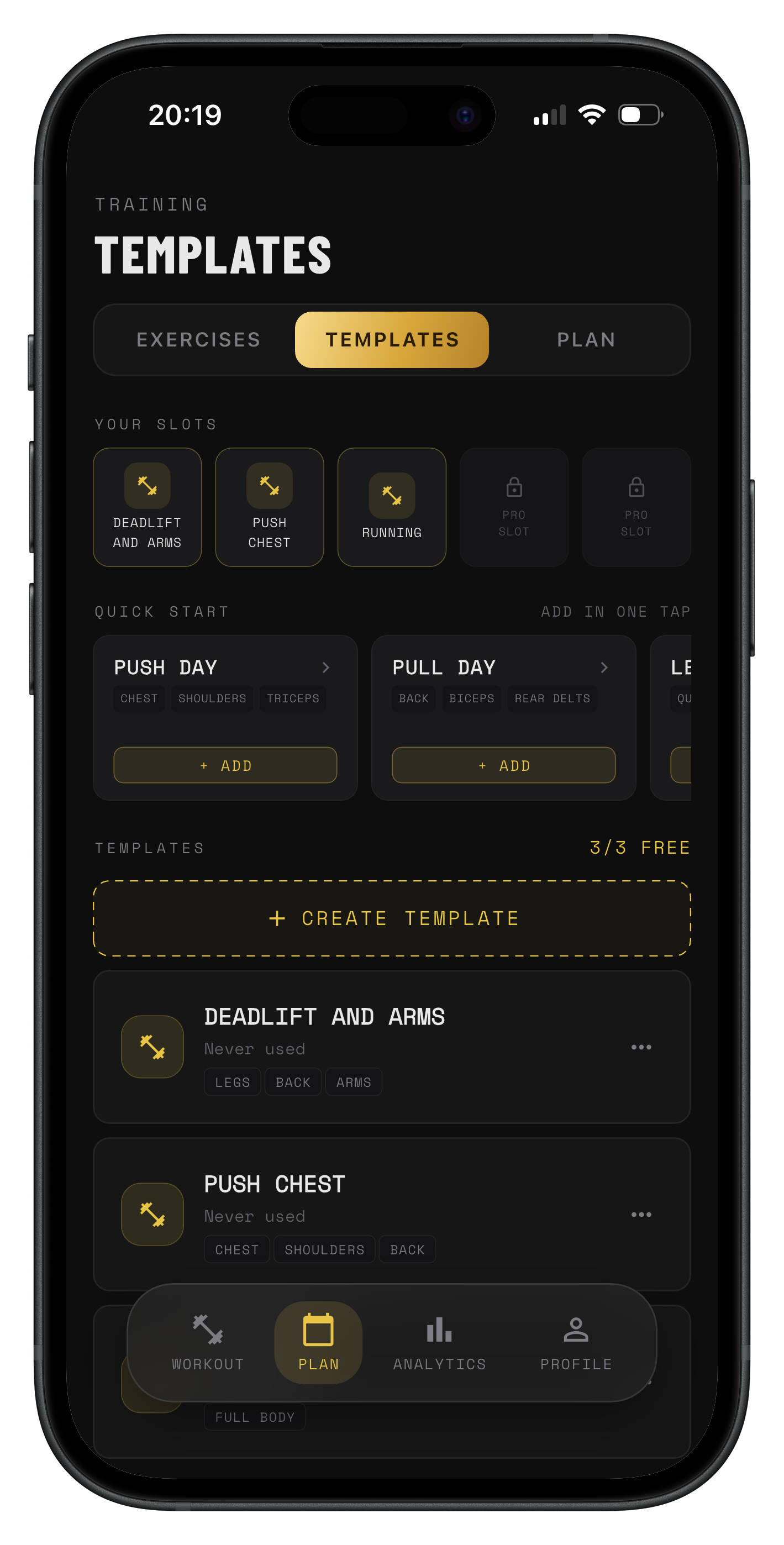 IronLog templates screen showing saved workout templates
